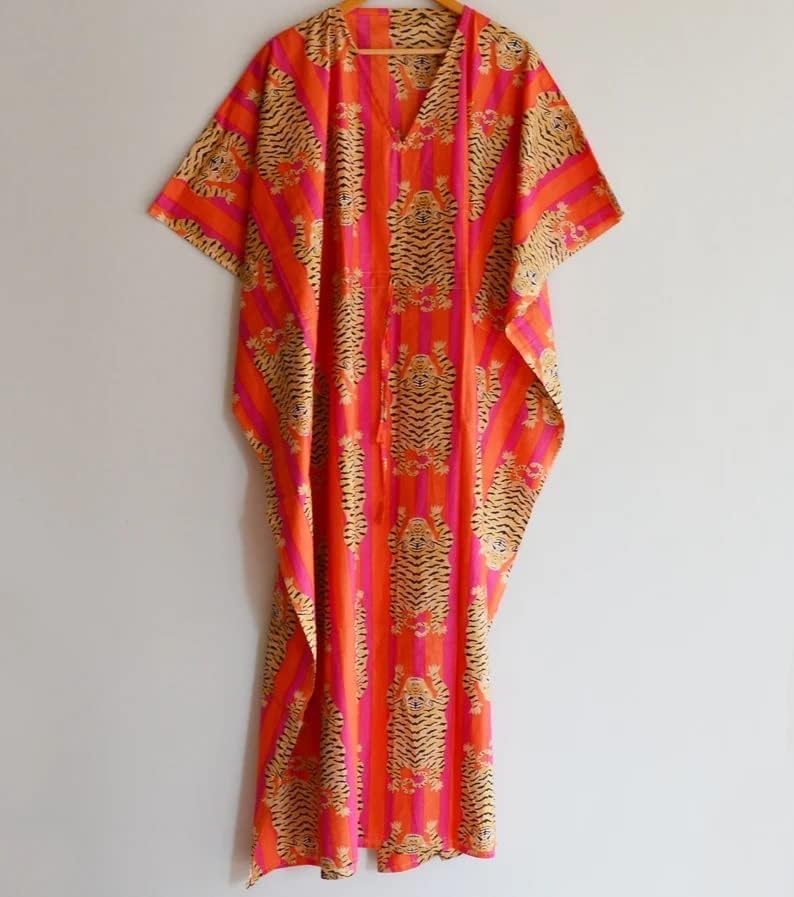 Indian Printed Handmade Kaftan Dress Long Top Caftan, Dress Beach Cover up, Tiger Hand Block Print Sleepwear Maxi Dress Kimono Robe Multi