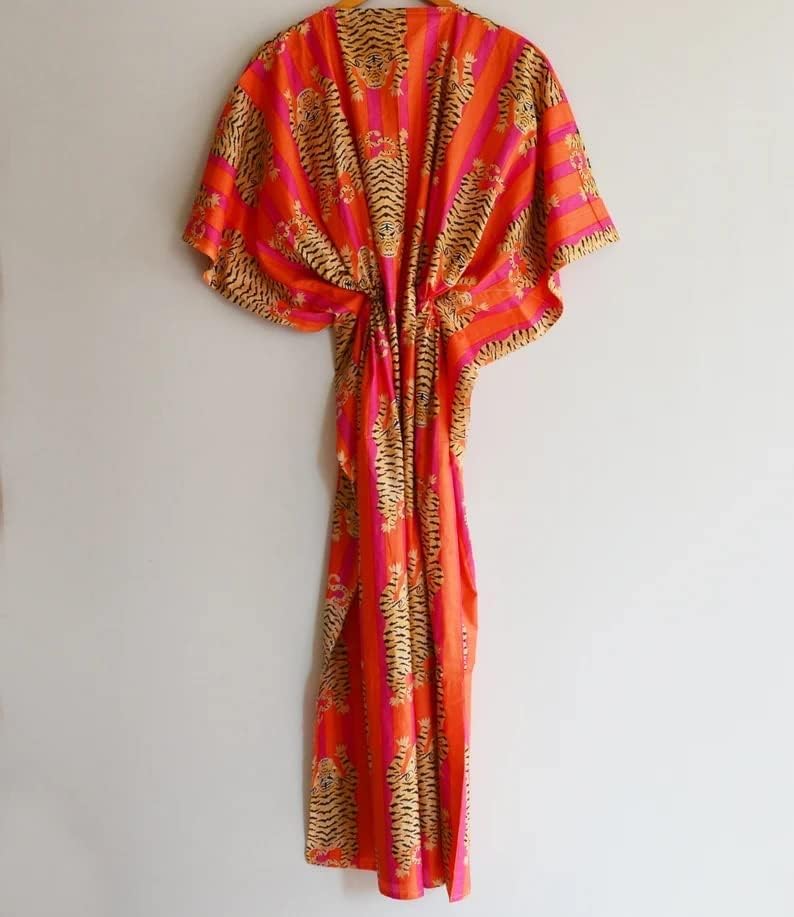 Indian Printed Handmade Kaftan Dress Long Top Caftan, Dress Beach Cover up, Tiger Hand Block Print Sleepwear Maxi Dress Kimono Robe Multi