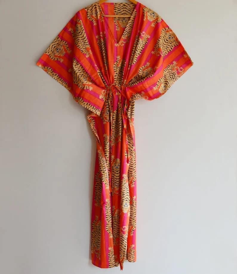 Indian Printed Handmade Kaftan Dress Long Top Caftan, Dress Beach Cover up, Tiger Hand Block Print Sleepwear Maxi Dress Kimono Robe Multi