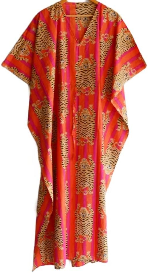 Indian Printed Handmade Kaftan Dress Long Top Caftan, Dress Beach Cover up, Tiger Hand Block Print Sleepwear Maxi Dress Kimono Robe Multi