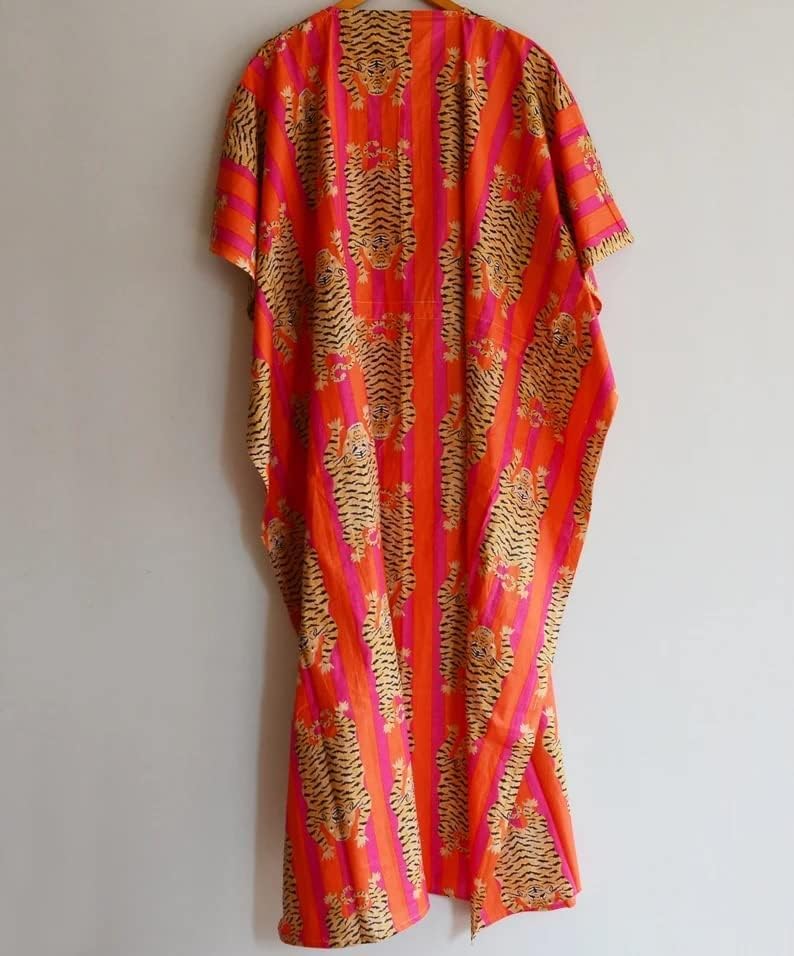 Indian Printed Handmade Kaftan Dress Long Top Caftan, Dress Beach Cover up, Tiger Hand Block Print Sleepwear Maxi Dress Kimono Robe Multi