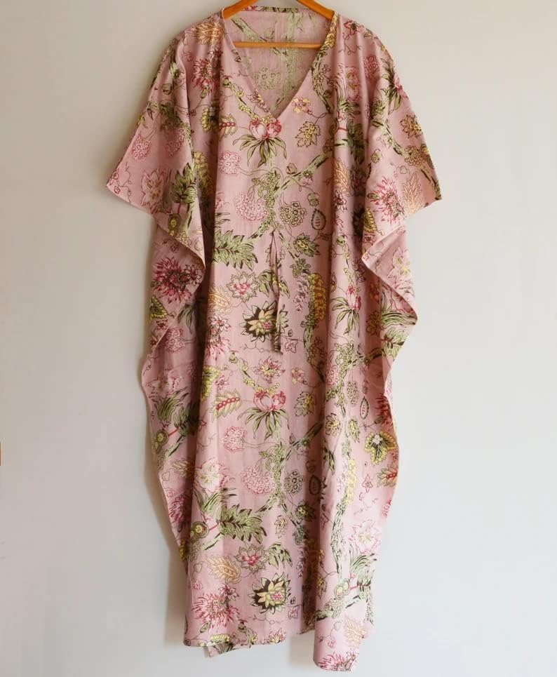 INDACORIFIE Indian Handmade Women Cotton Kaftan, Comfortable Clothing Hand Block Print Caftan, Kaftan Dress Beach Cover Up, Sleepwear, Summer Maxi Dress Multi