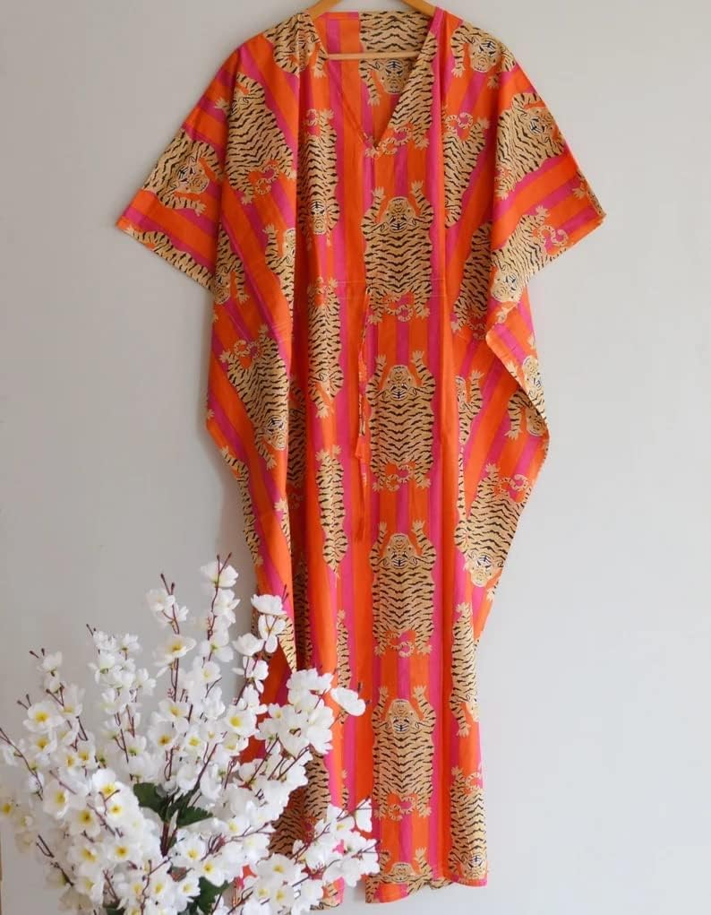 Indian Printed Handmade Kaftan Dress Long Top Caftan, Dress Beach Cover up, Tiger Hand Block Print Sleepwear Maxi Dress Kimono Robe Multi